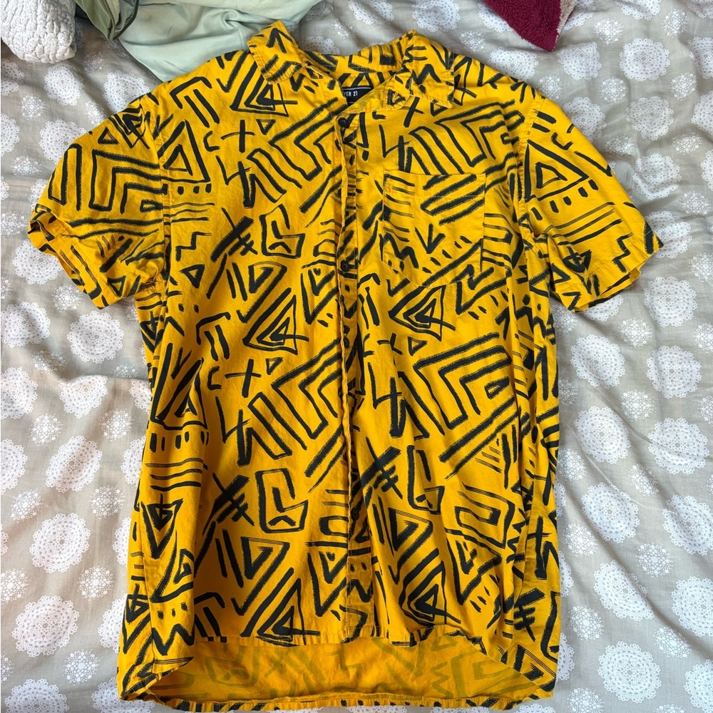 Forever 21 Yellow and Black Geometric Men's Shirt